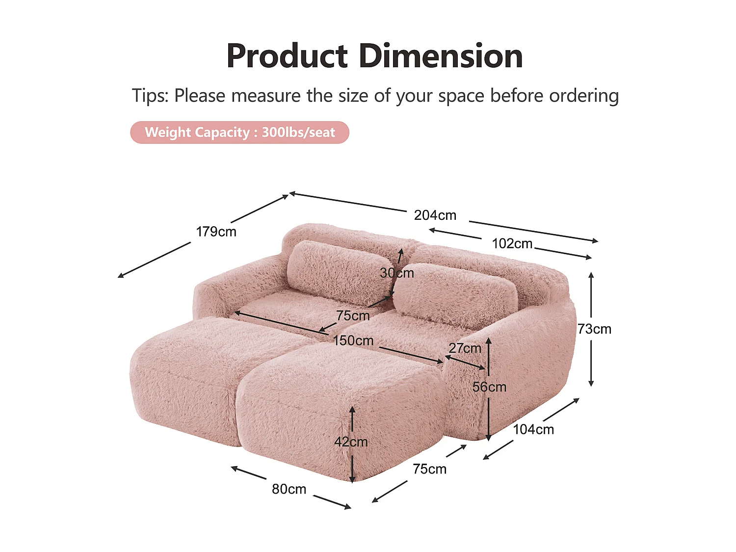 Modulaire Hoekbank in pluche stof, met 2 poefs en 2 kussens, 204x179x73cm, Roze