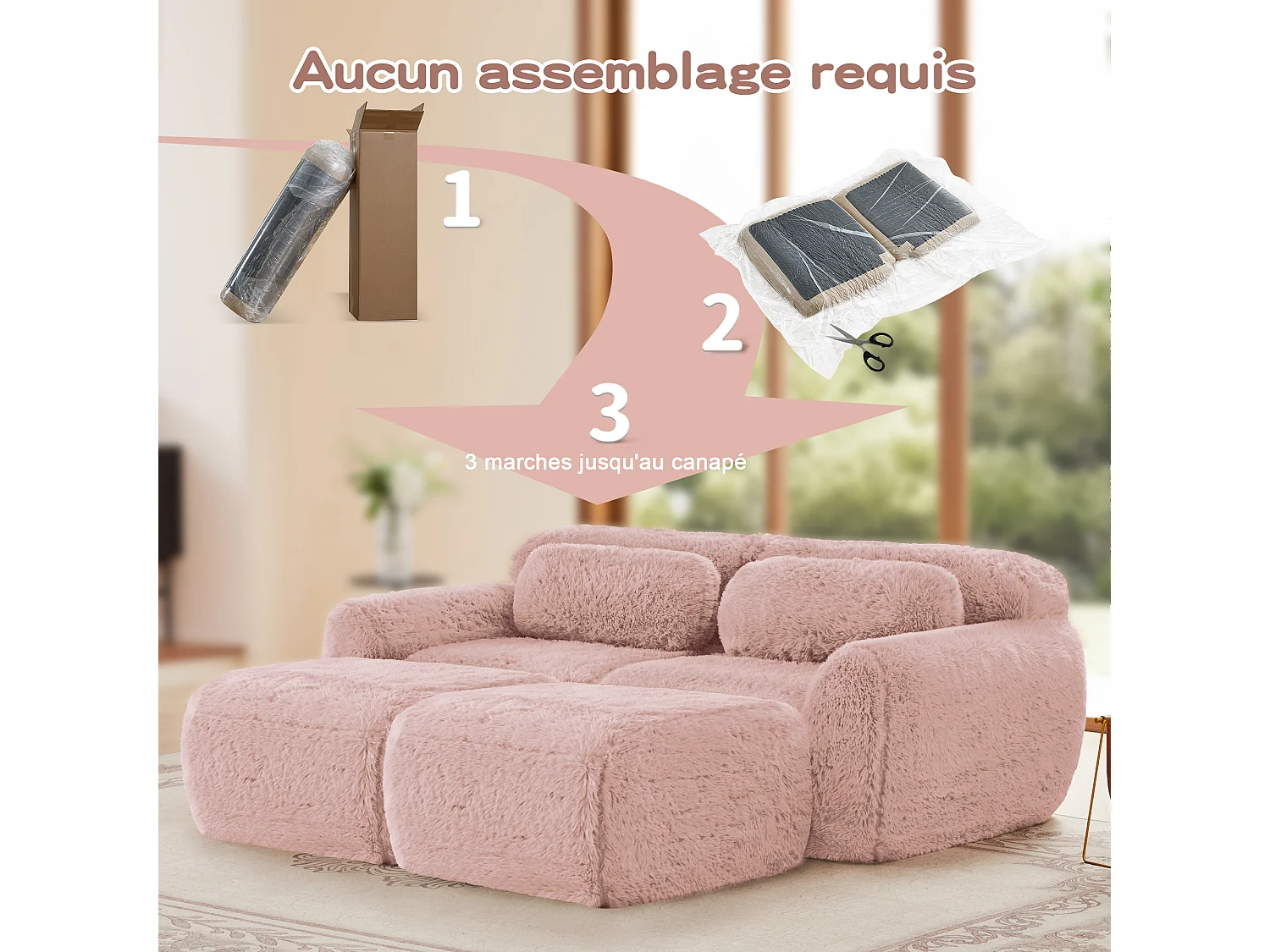 Modulaire Hoekbank in pluche stof, met 2 poefs en 2 kussens, 204x179x73cm, Roze