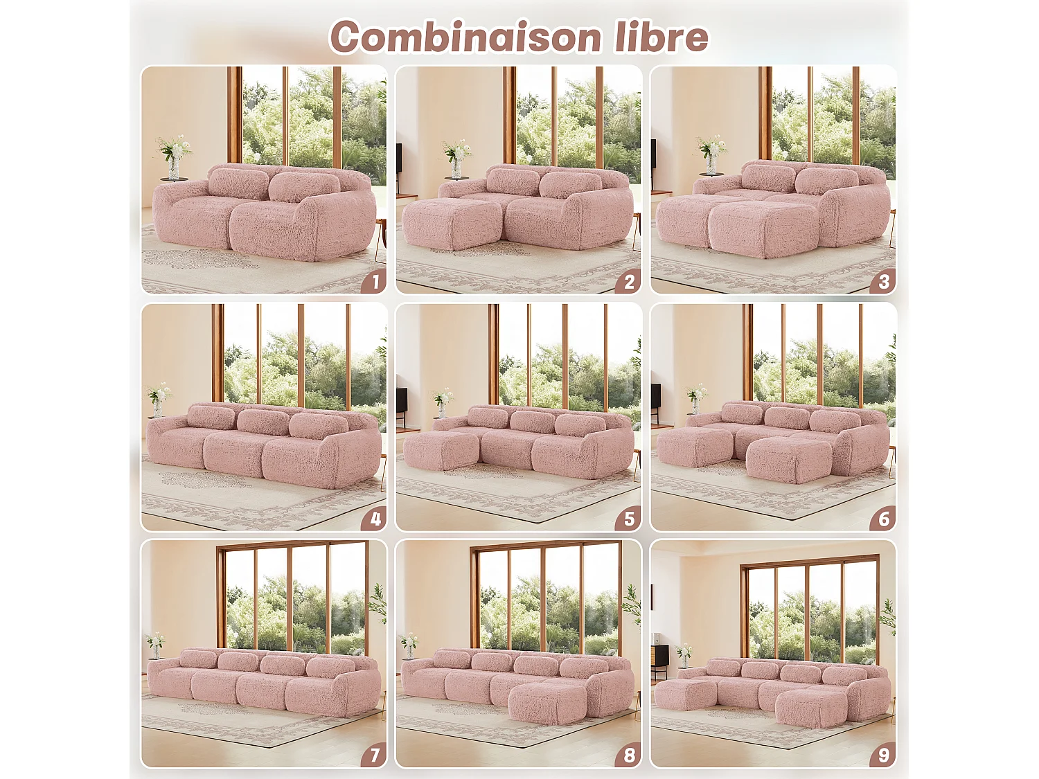 Modulaire Hoekbank in pluche stof, met 2 poefs en 2 kussens, 204x179x73cm, Roze