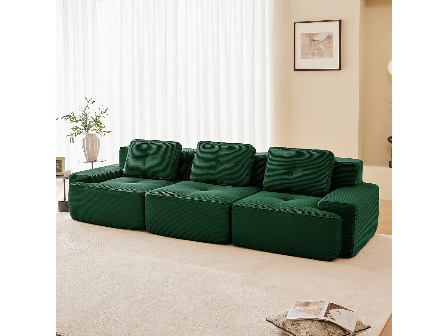 Divano Modulare 3 posti in Velluto costola, con 3 cuscini, seduta extra profonda 74cm, 293x104x69cm, Verde