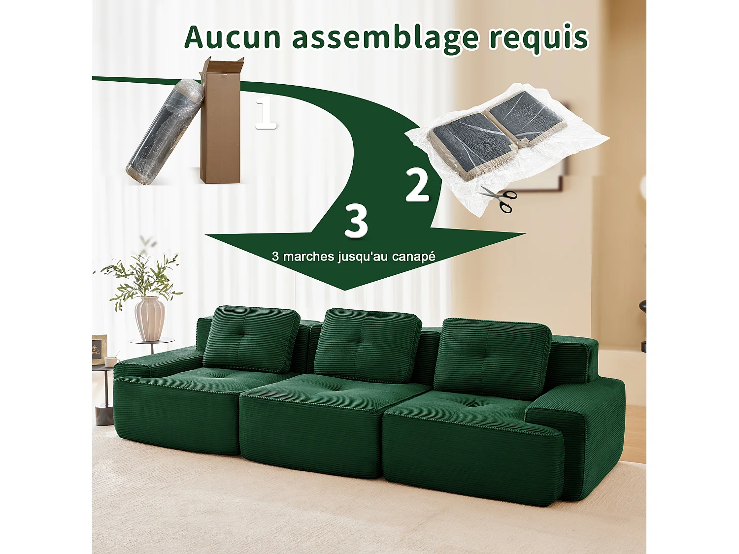 Divano Modulare 3 posti in Velluto costola, con 3 cuscini, seduta extra profonda 74cm, 293x104x69cm, Verde