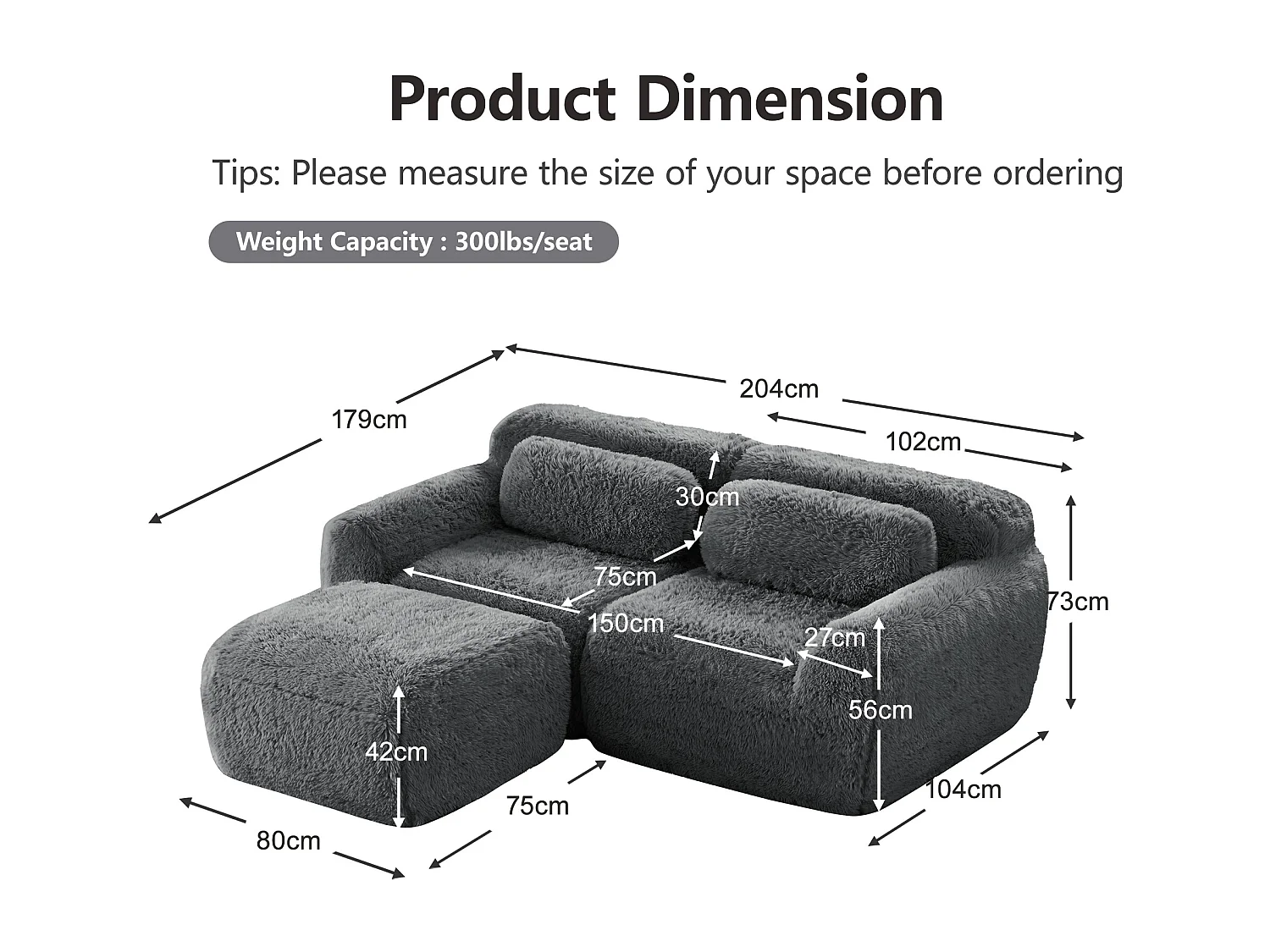 Modulaire Hoekbank 2-zits in pluche stof, met poef en 2 kussens, 204x179x73cm, Grijs