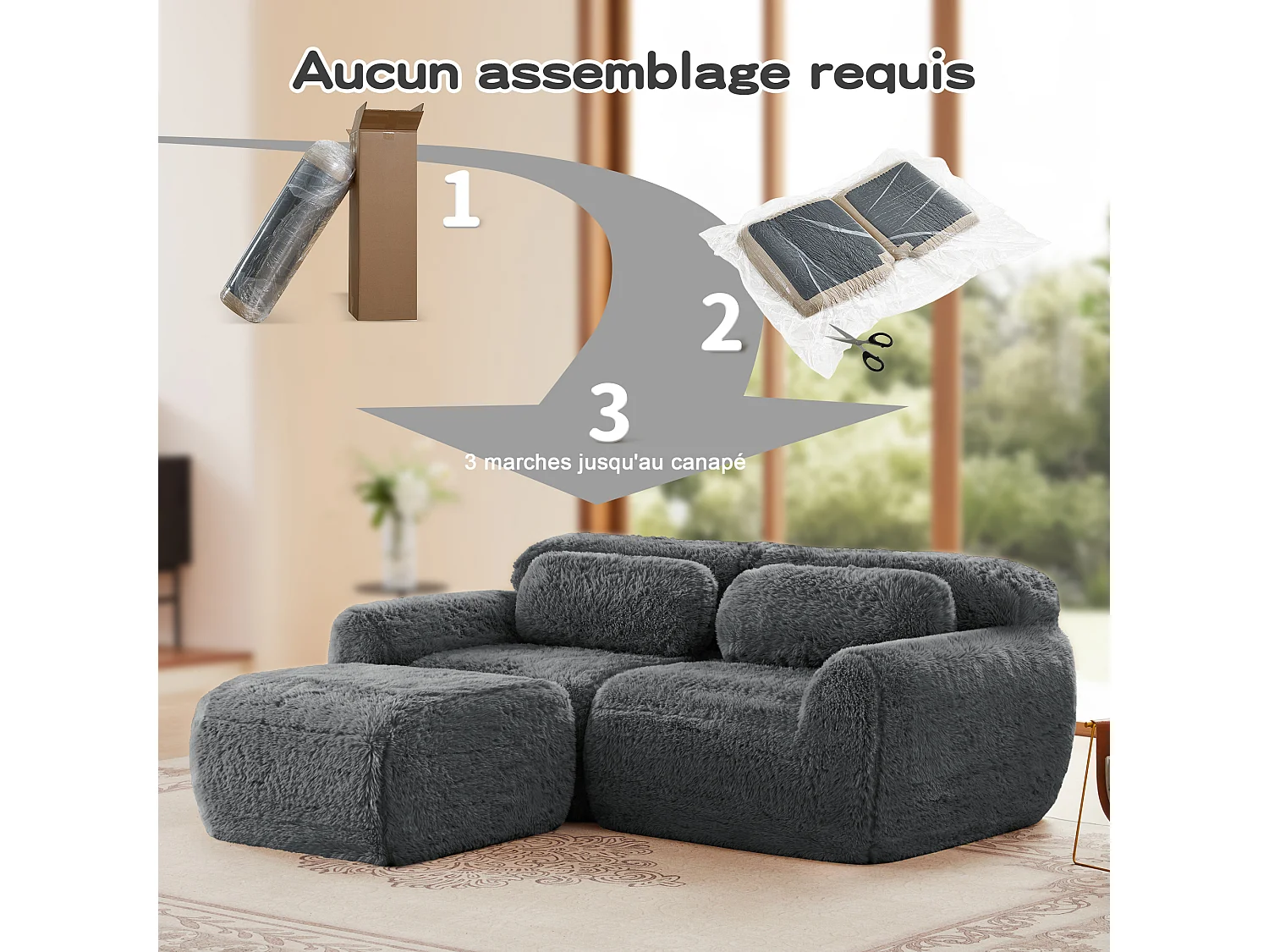 Modulaire Hoekbank 2-zits in pluche stof, met poef en 2 kussens, 204x179x73cm, Grijs