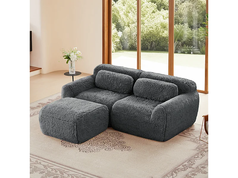 Modulaire Hoekbank 2-zits in pluche stof, met poef en 2 kussens, 204x179x73cm, Grijs