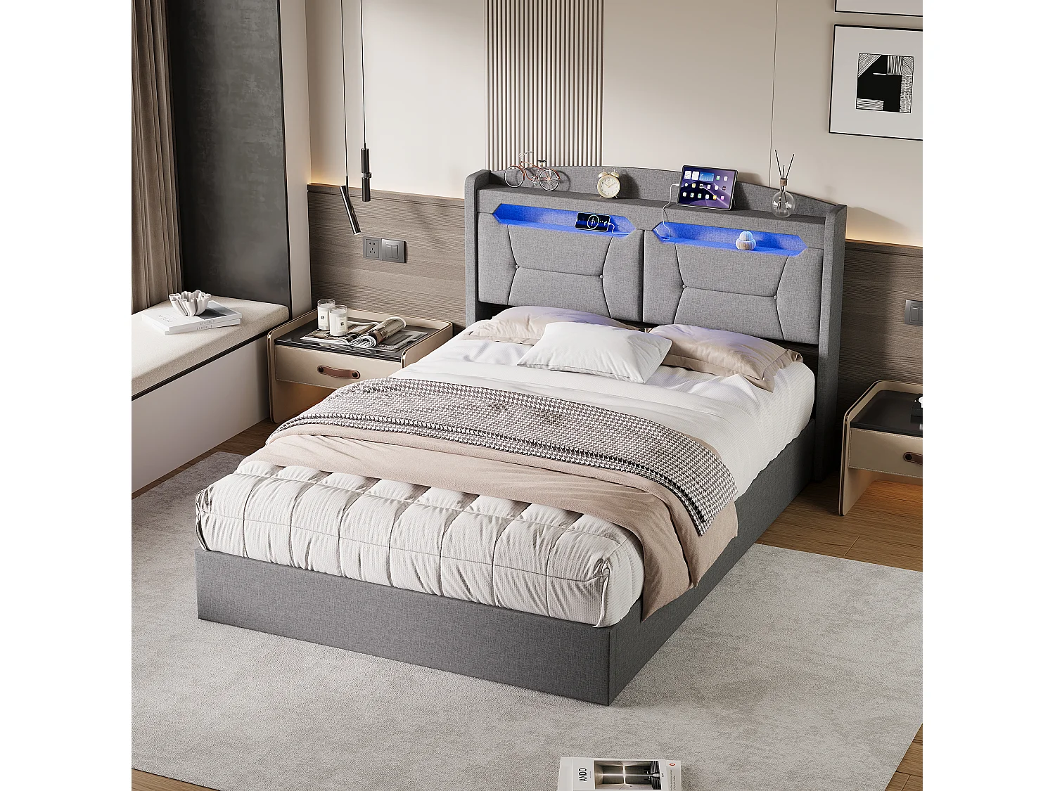 140 x 190 cm großes Bett mit Stauraum, multifunktionalem Kopfteil, RGB-LED-Beleuchtung und großem Stauraum – hellgrauer Stoff