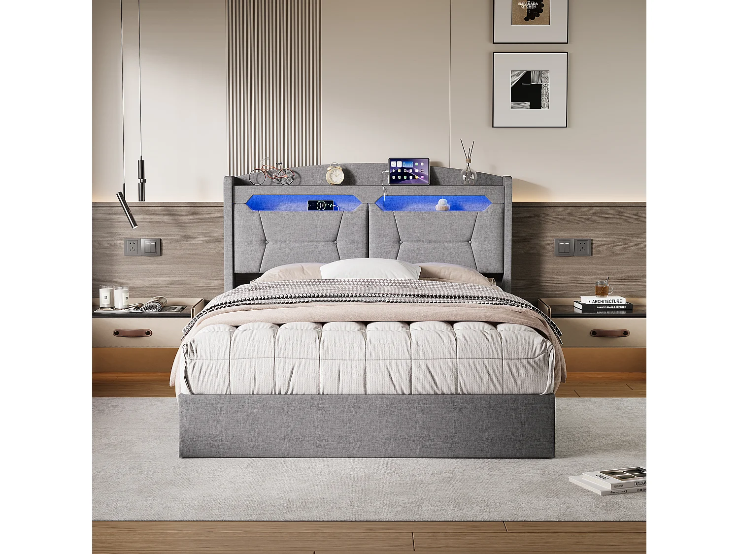 140 x 190 cm großes Bett mit Stauraum, multifunktionalem Kopfteil, RGB-LED-Beleuchtung und großem Stauraum – hellgrauer Stoff