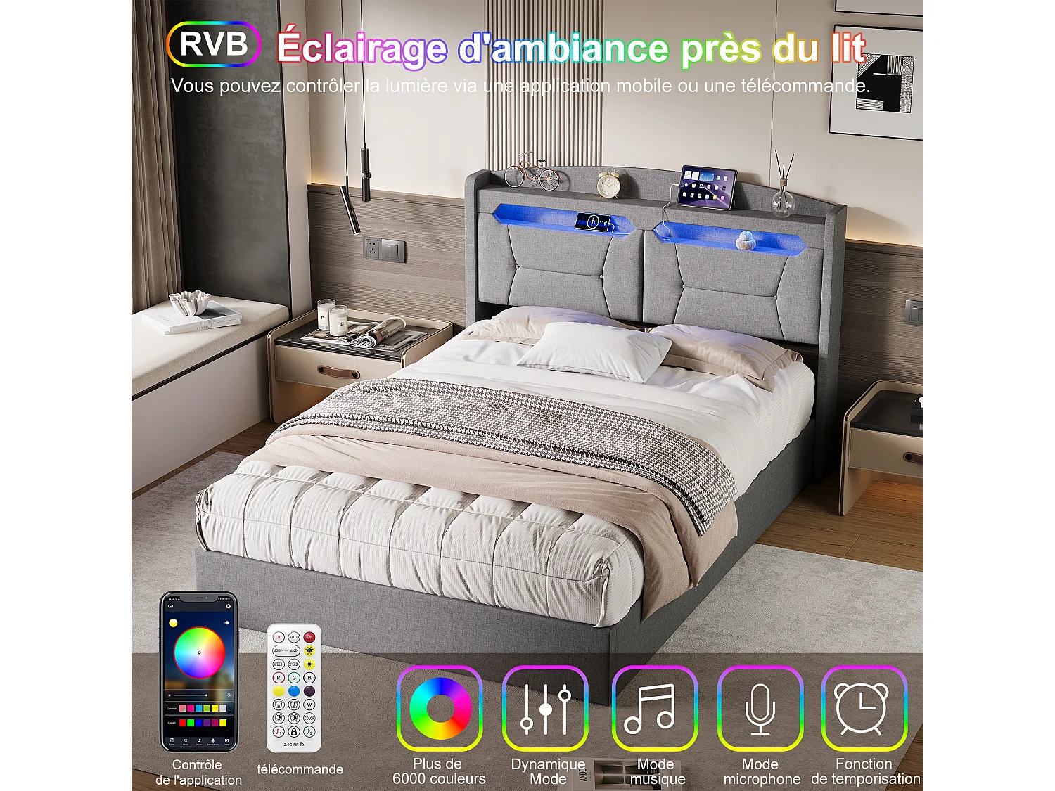 140 x 190 cm großes Bett mit Stauraum, multifunktionalem Kopfteil, RGB-LED-Beleuchtung und großem Stauraum – hellgrauer Stoff