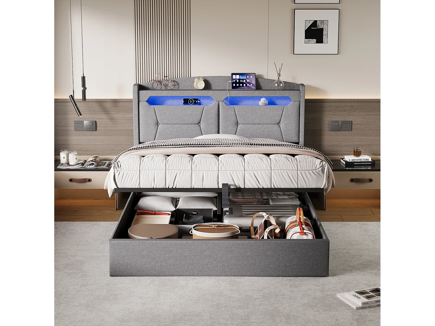 Lit Coffre 140x190 cm avec Tête de Lit Multifonctionnelle, Éclairage LED RGB et Grand Rangement - Tissu Gris Clair