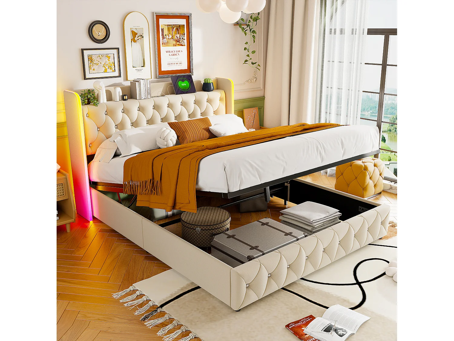 Cama de 140x200 cm com arrumação, iluminação LED RGB, tecido de veludo bege, base de ripas rebatível e arrumação integrada.