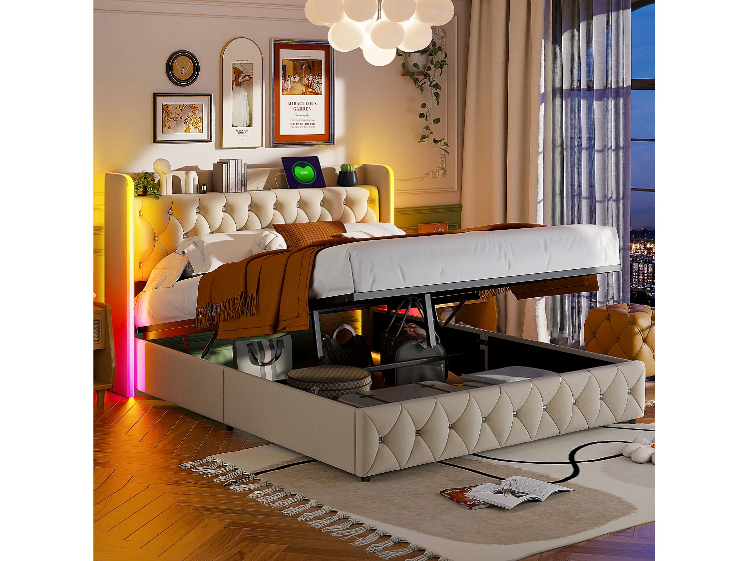 Cama de 140x200 cm com arrumação, iluminação LED RGB, tecido de veludo bege, base de ripas rebatível e arrumação integrada.