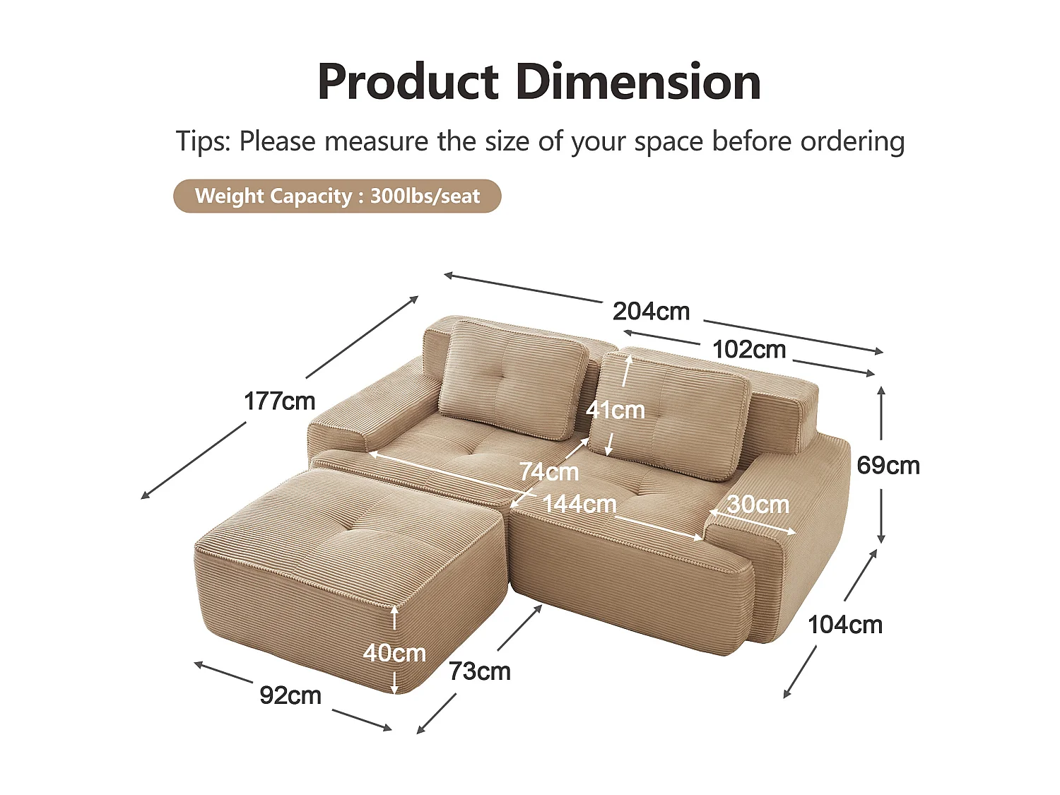 Modulaire Bank 2-zits in Ribfluweel, met poef en 2 kussens, 204x177x69cm, Beige