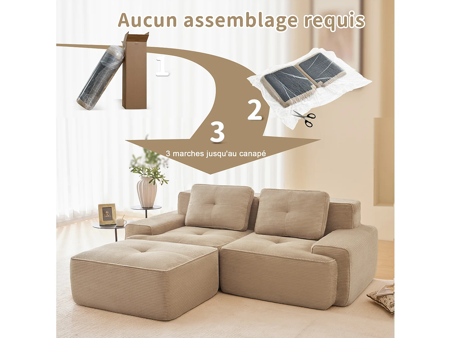 Modulaire Bank 2-zits in Ribfluweel, met poef en 2 kussens, 204x177x69cm, Beige