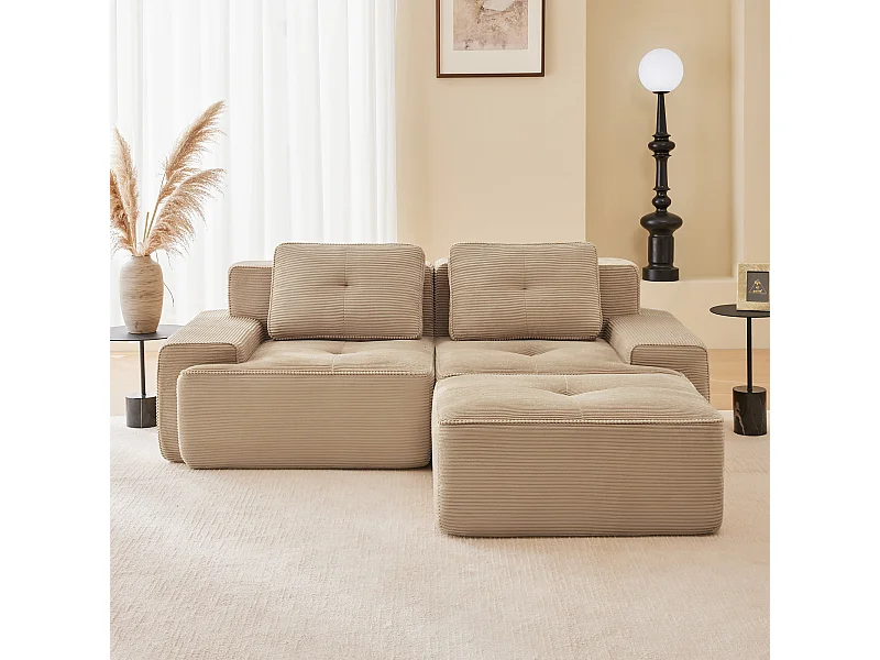 Modulaire Bank 2-zits in Ribfluweel, met poef en 2 kussens, 204x177x69cm, Beige