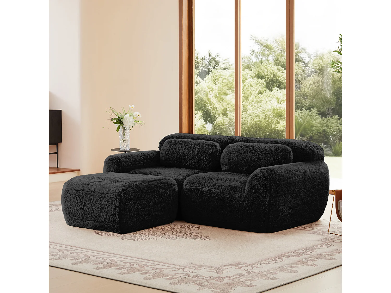 Modulaire Hoekbank 2-zits in pluche stof, met poef en 2 kussens, 204x179x73cm, Zwart