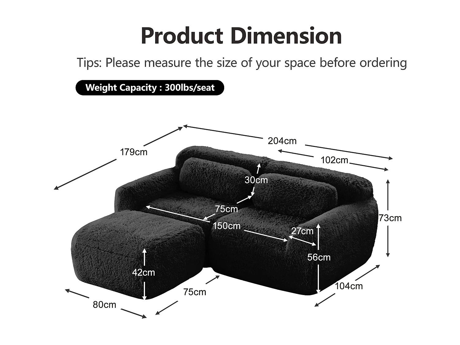 Modulaire Hoekbank 2-zits in pluche stof, met poef en 2 kussens, 204x179x73cm, Zwart