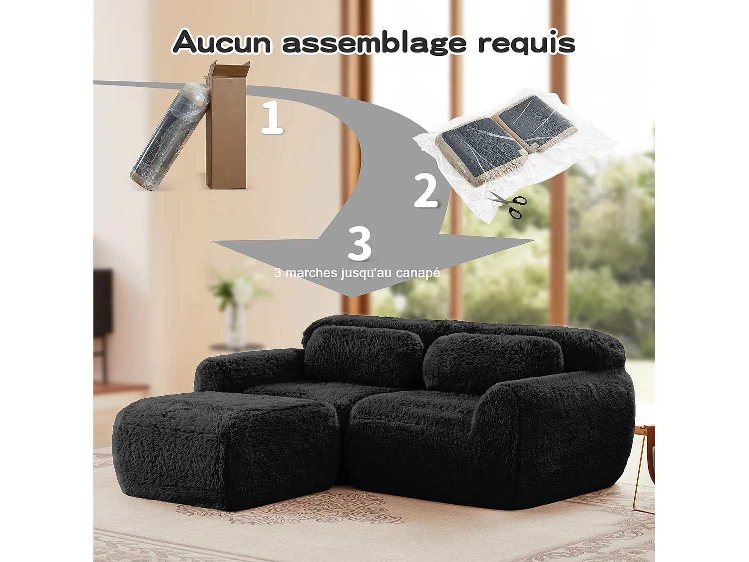 Modulaire Hoekbank 2-zits in pluche stof, met poef en 2 kussens, 204x179x73cm, Zwart