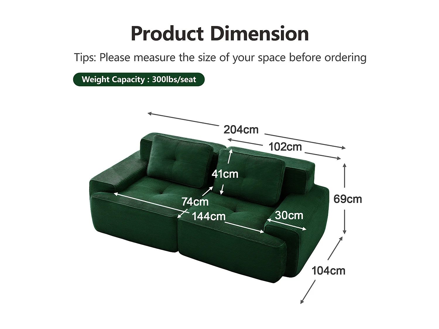 Modulaire Bank 2-zits in Ribfluweel met 2 kussens, zonder montage, 204x104x69cm, Groen