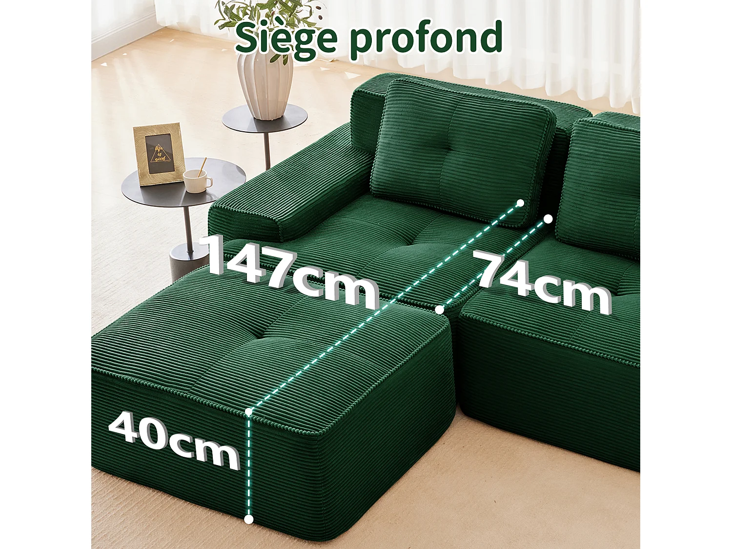 Modulaire Bank 2-zits in Ribfluweel met 2 kussens, zonder montage, 204x104x69cm, Groen