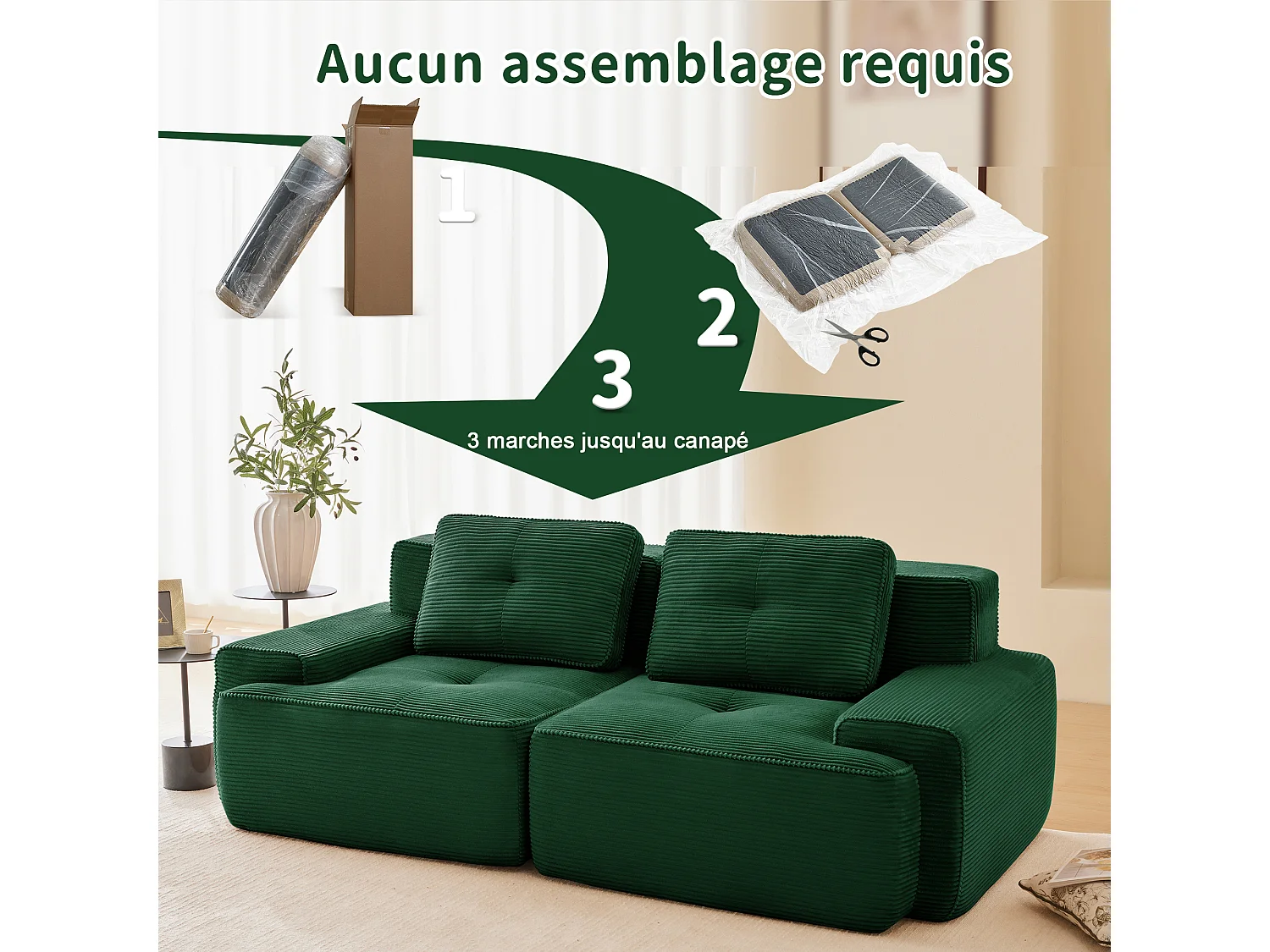 Modulaire Bank 2-zits in Ribfluweel met 2 kussens, zonder montage, 204x104x69cm, Groen