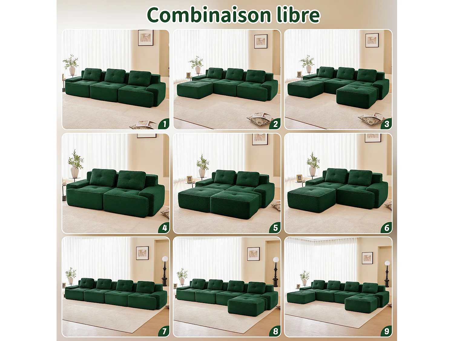 Modulaire Bank 2-zits in Ribfluweel met 2 kussens, zonder montage, 204x104x69cm, Groen