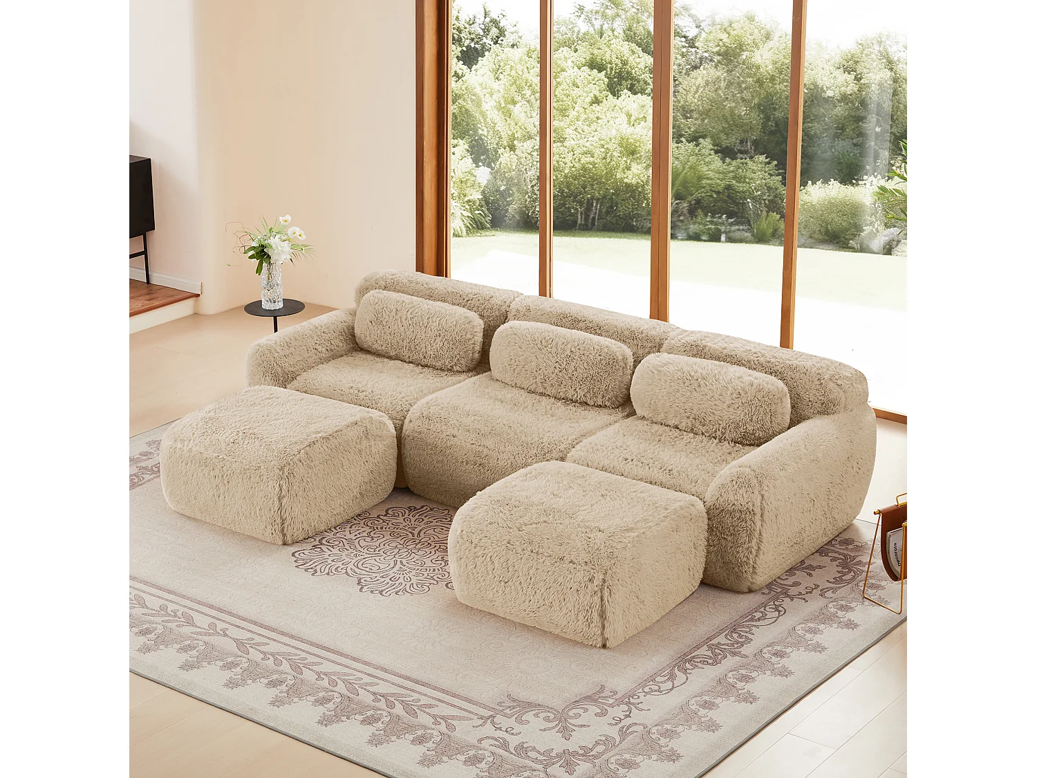 Modulaire Hoekbank in pluche stof, met 2 poefs en 3 kussens, 291x179x73cm, Khaki