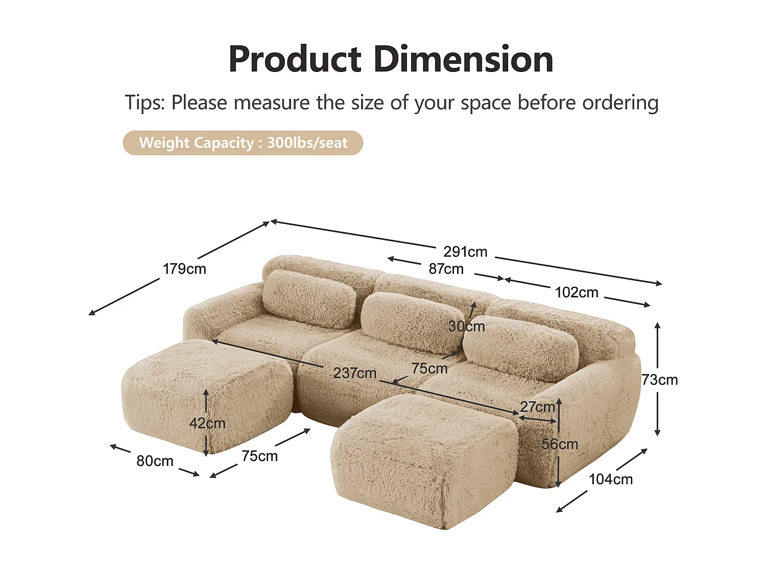 Modulaire Hoekbank in pluche stof, met 2 poefs en 3 kussens, 291x179x73cm, Khaki
