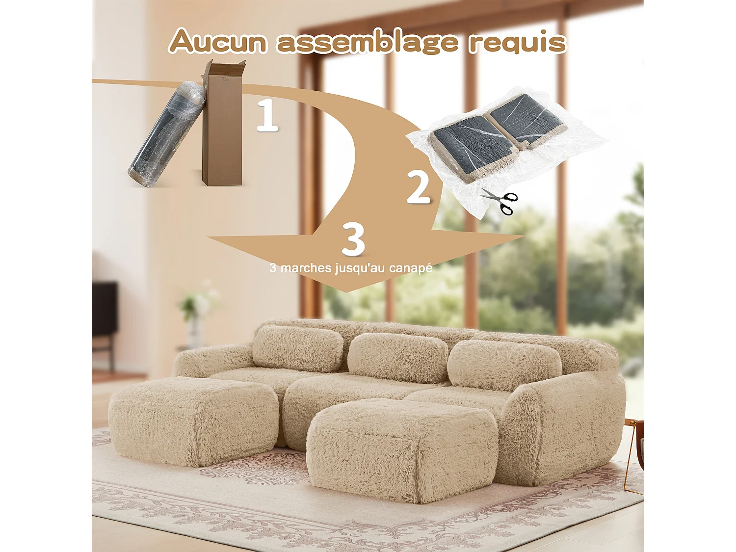 Modulaire Hoekbank in pluche stof, met 2 poefs en 3 kussens, 291x179x73cm, Khaki