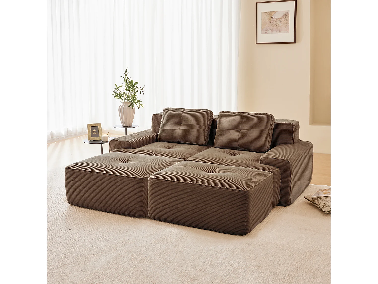 Modulaire Hoekbank in Ribfluweel, met 2 poefs en 2 kussens, 204x177x69cm, Bruin