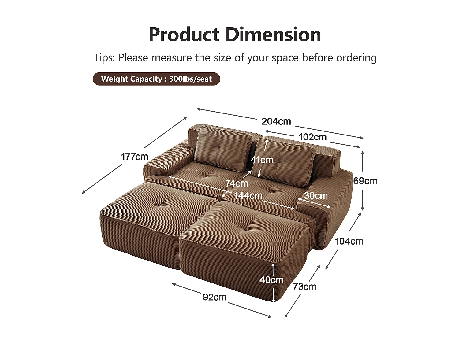 Modulaire Hoekbank in Ribfluweel, met 2 poefs en 2 kussens, 204x177x69cm, Bruin