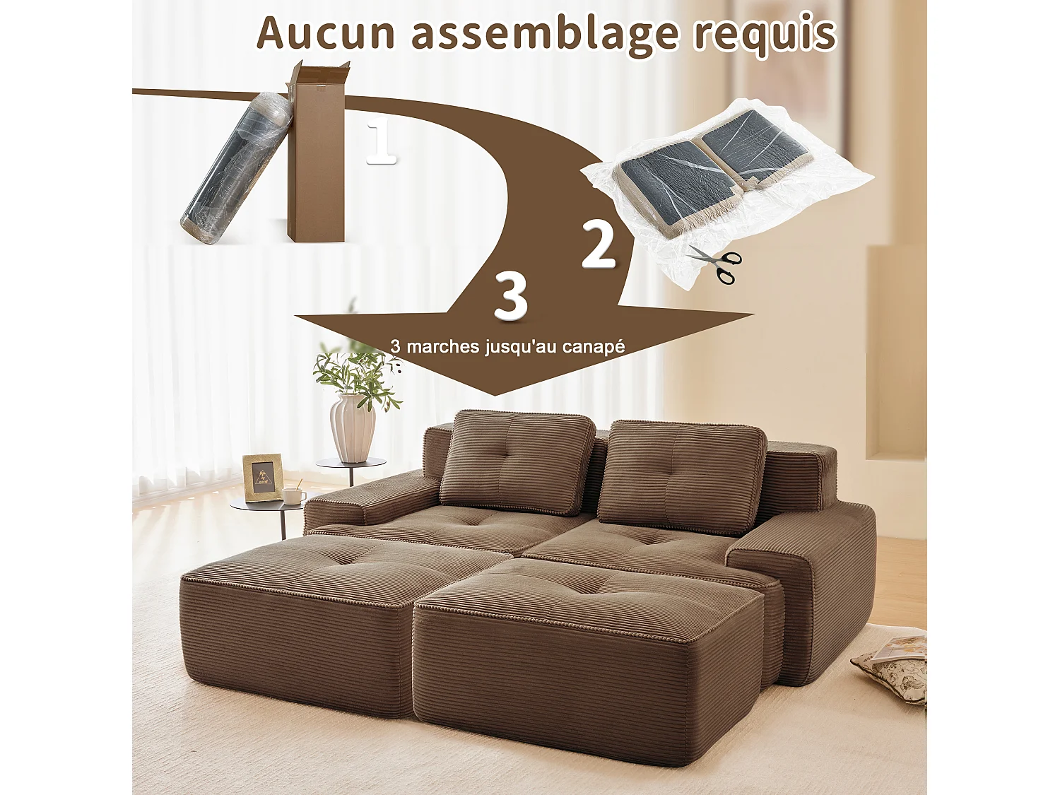 Modulaire Hoekbank in Ribfluweel, met 2 poefs en 2 kussens, 204x177x69cm, Bruin