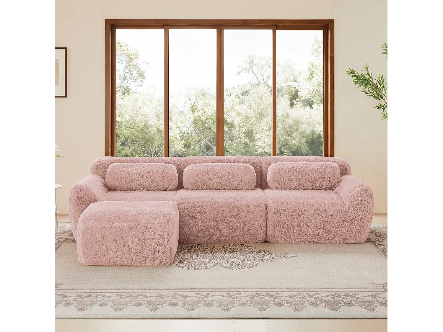 Modulaire Hoekbank 3-zits in pluche stof, met poef en 3 kussens, 291x179x73cm, Roze