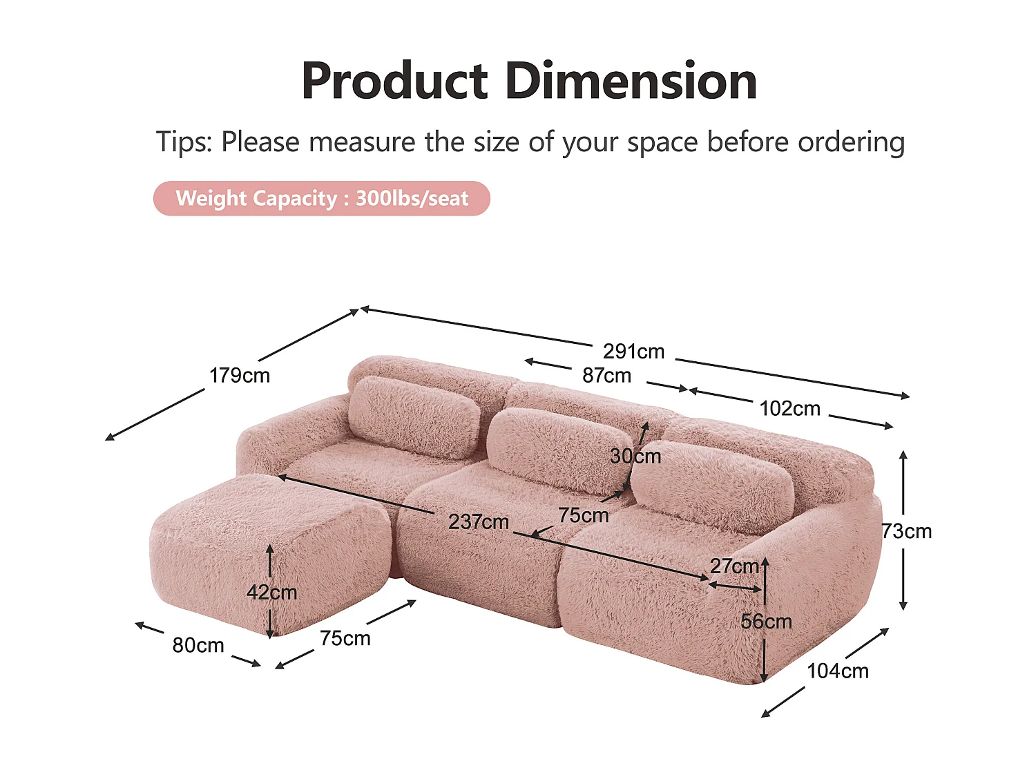 Modulaire Hoekbank 3-zits in pluche stof, met poef en 3 kussens, 291x179x73cm, Roze