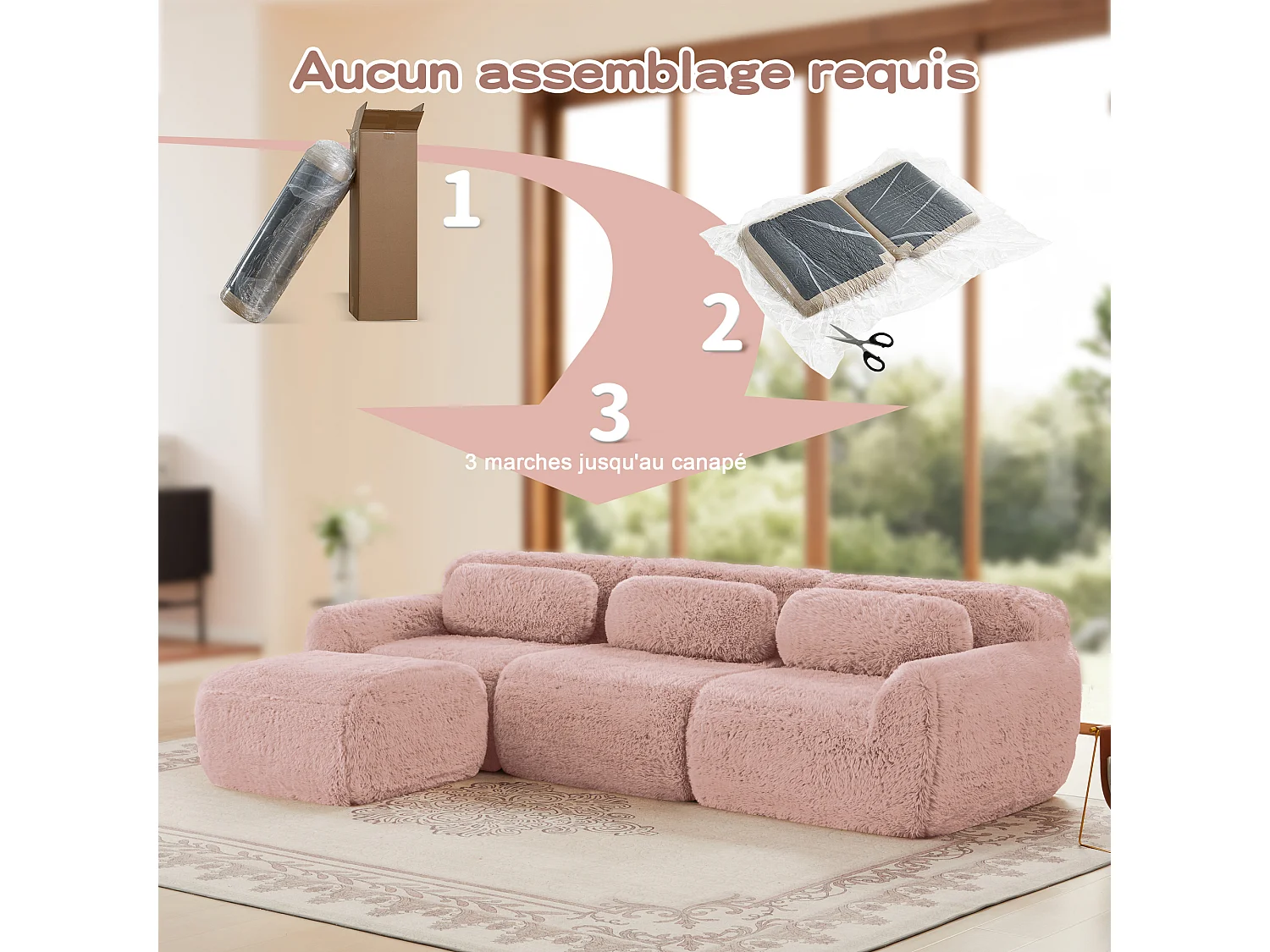 Modulaire Hoekbank 3-zits in pluche stof, met poef en 3 kussens, 291x179x73cm, Roze