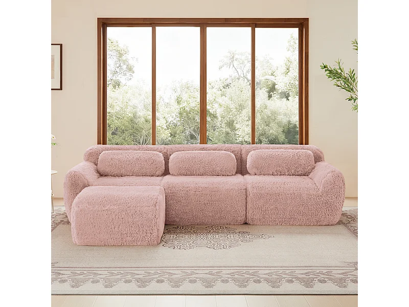 Modulaire Hoekbank 3-zits in pluche stof, met poef en 3 kussens, 291x179x73cm, Roze