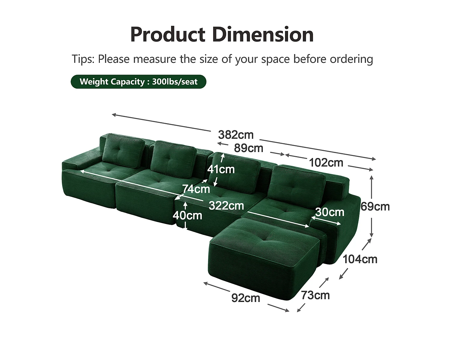 Modulaire Bank 4-zits in Ribfluweel, met poef en 4 kussens, 382x177x69cm, Groen