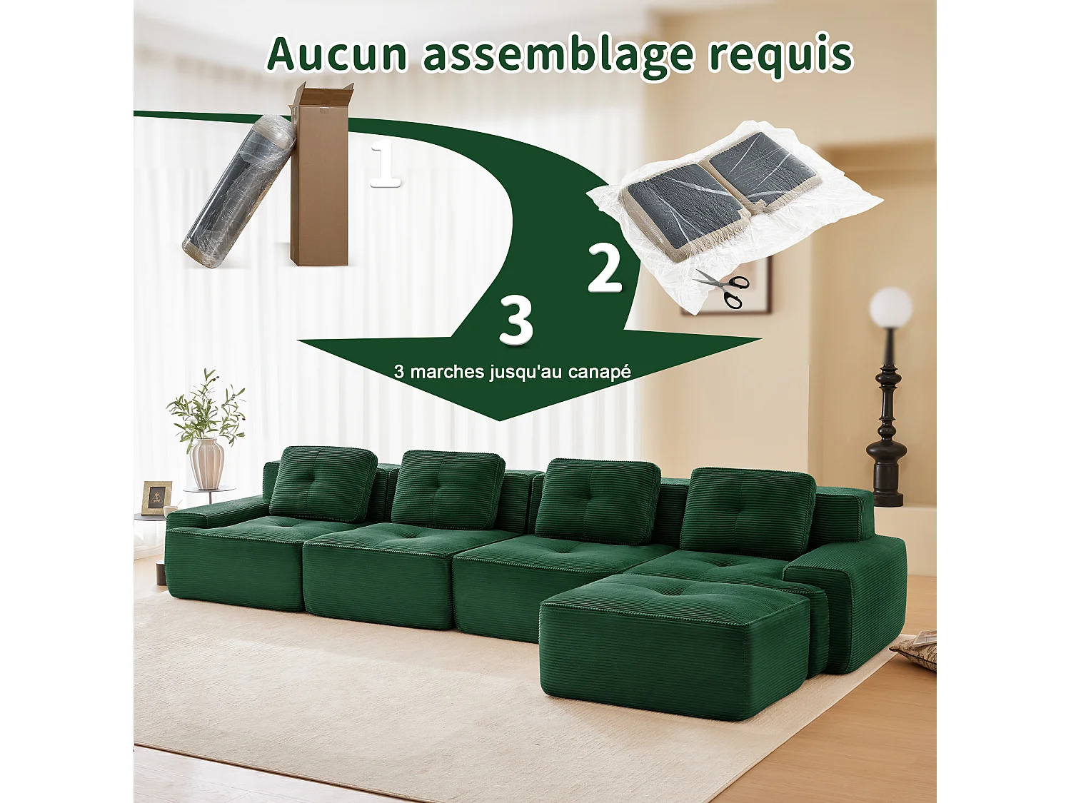 Modulaire Bank 4-zits in Ribfluweel, met poef en 4 kussens, 382x177x69cm, Groen