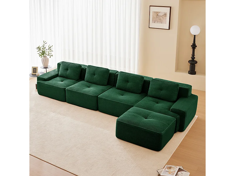 Divano Modulare 4 posti in Velluto costola, con pouf e 4 cuscini, 382x177x69cm, Verde