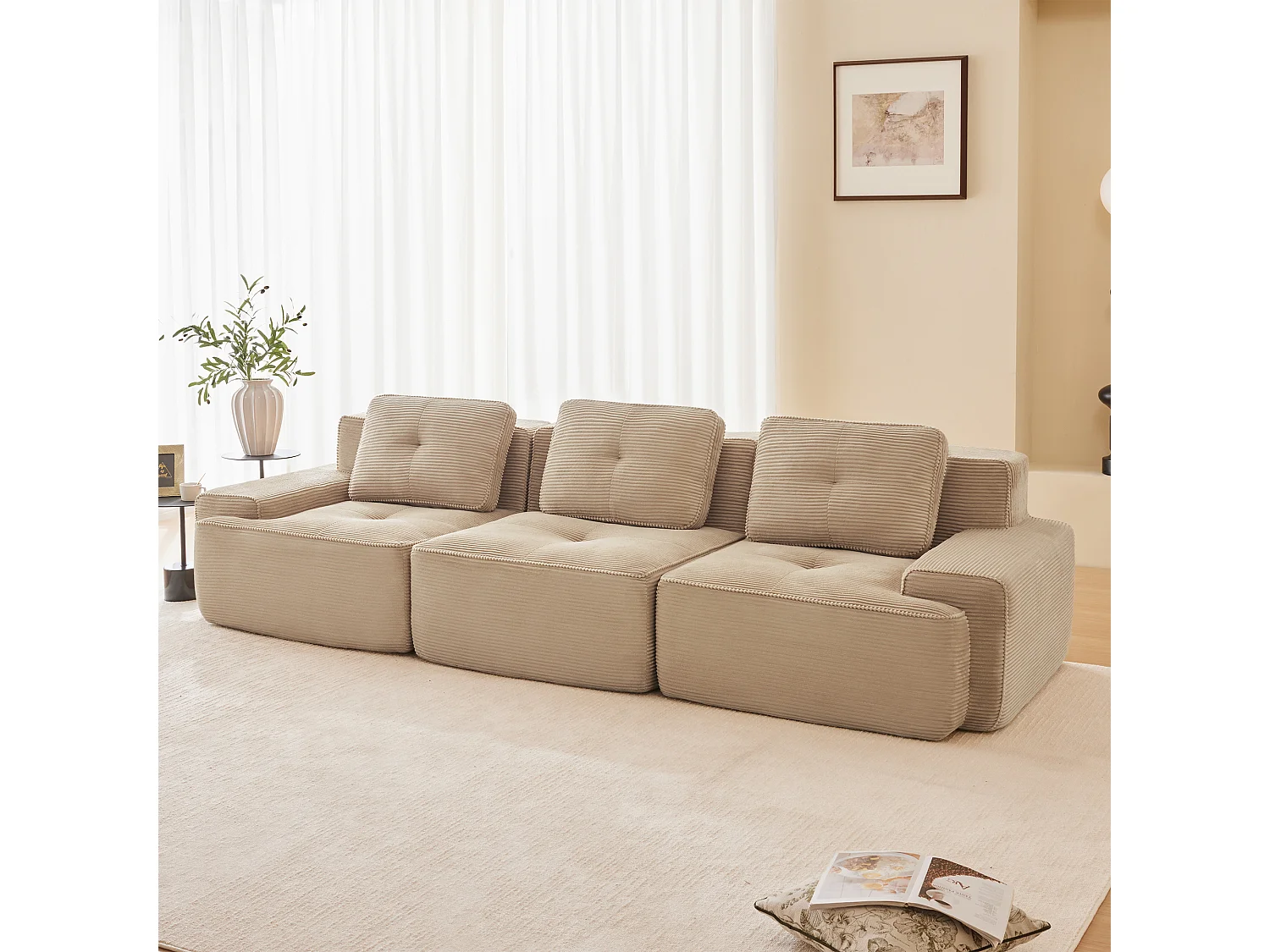 Divano Modulare 3 posti in Velluto costola, con 3 cuscini, seduta extra profonda 74cm, 293x104x69cm, Beige