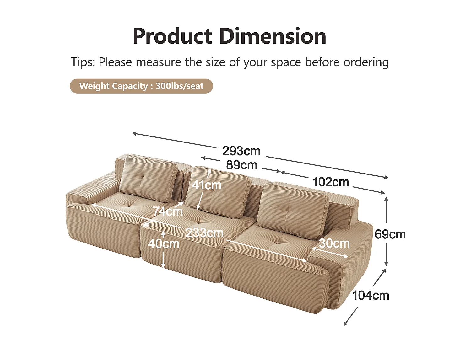 Divano Modulare 3 posti in Velluto costola, con 3 cuscini, seduta extra profonda 74cm, 293x104x69cm, Beige