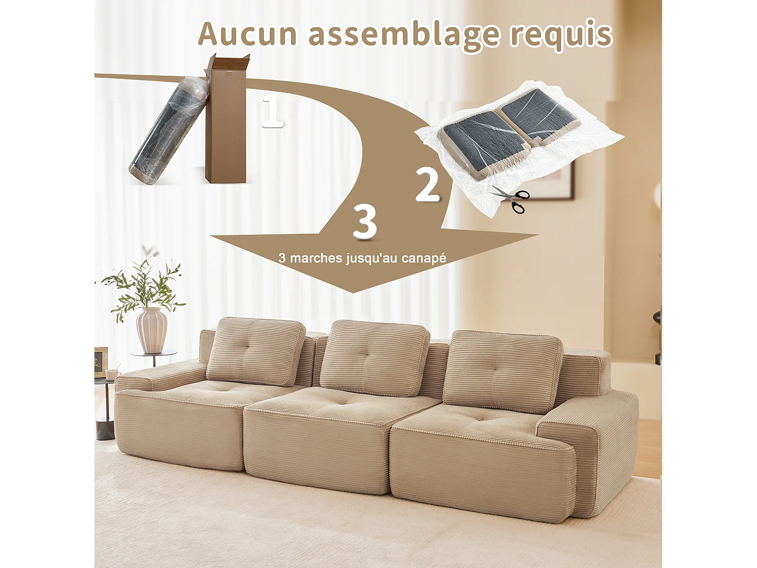 Divano Modulare 3 posti in Velluto costola, con 3 cuscini, seduta extra profonda 74cm, 293x104x69cm, Beige