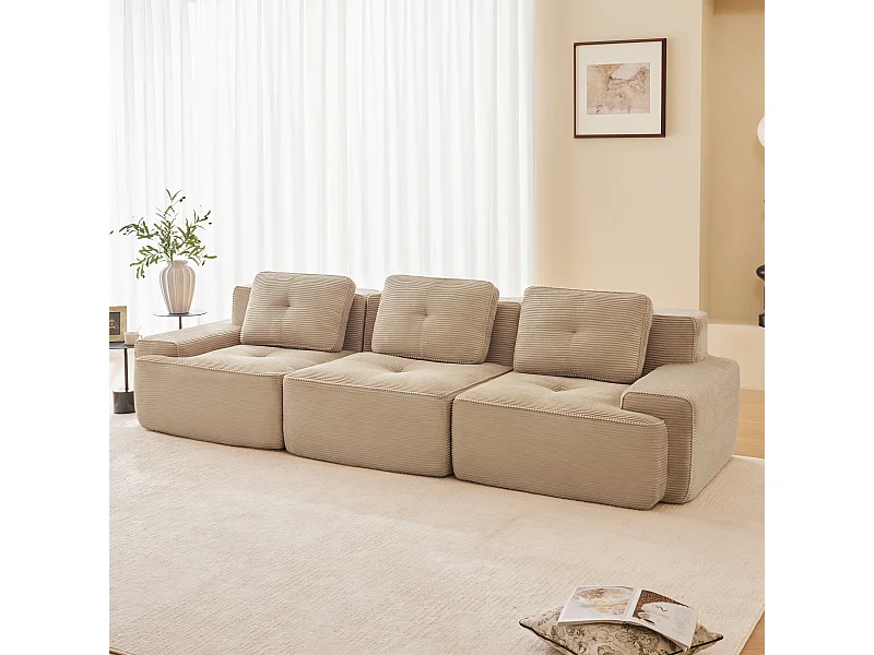 Modulaire Bank 3-zits in Ribfluweel, met 3 kussens, 74cm extra diepe zit, 293x104x69cm, Beige