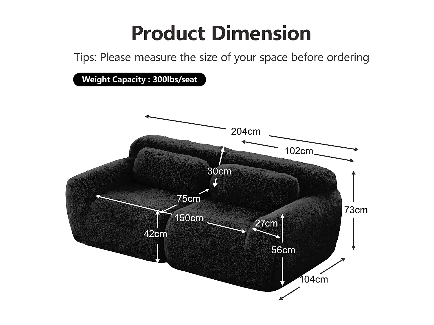 Modulaire Bank 2-zits in pluche stof, met 2 kussens, extra diepe zit 75cm, 204x104x73cm, Zwart