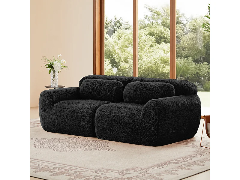Canapé 2 places Modulable en tissu peluche, avec 2 coussins, 75cm assise extra profonde, 204x104x73cm, Noir