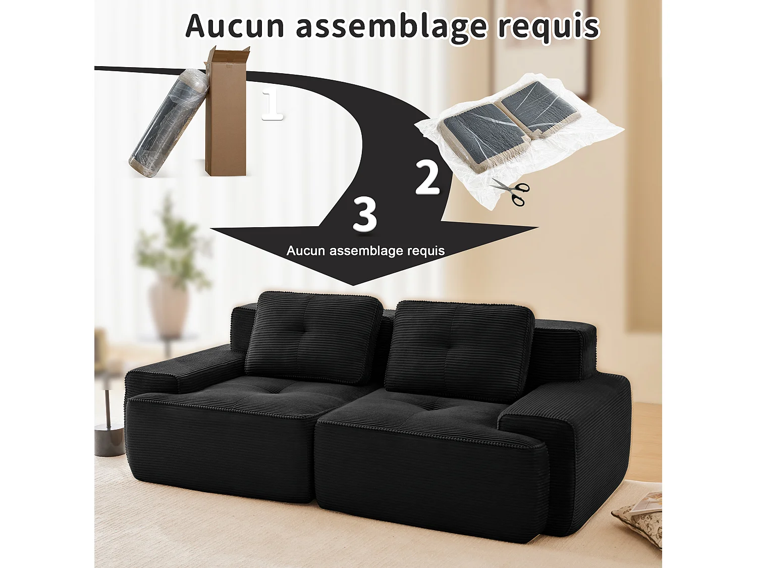 Modulaire Bank 2-zits in Ribfluweel met 2 kussens, zonder montage, 204x104x69cm, Zwart