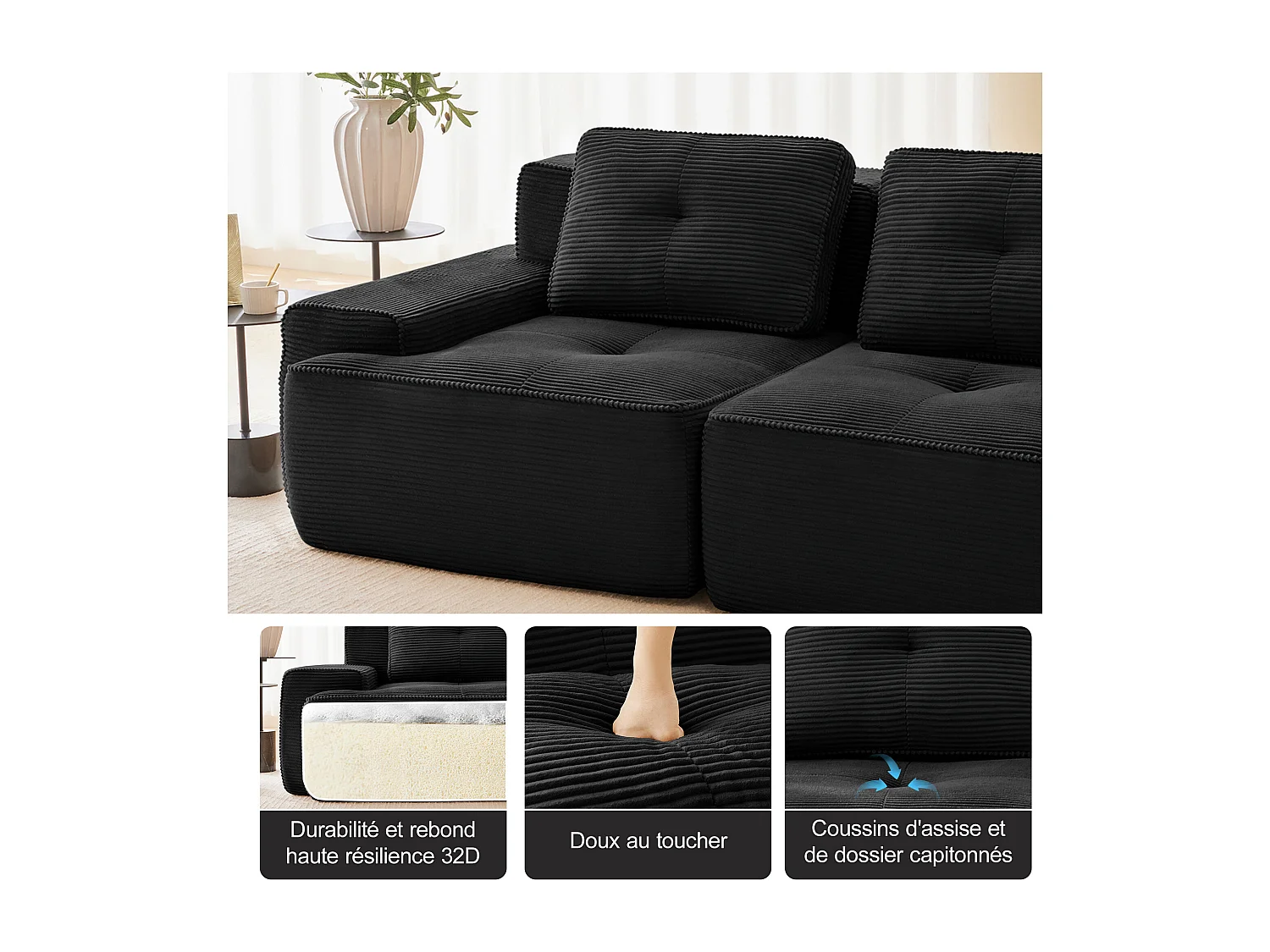 Modulaire Bank 2-zits in Ribfluweel met 2 kussens, zonder montage, 204x104x69cm, Zwart