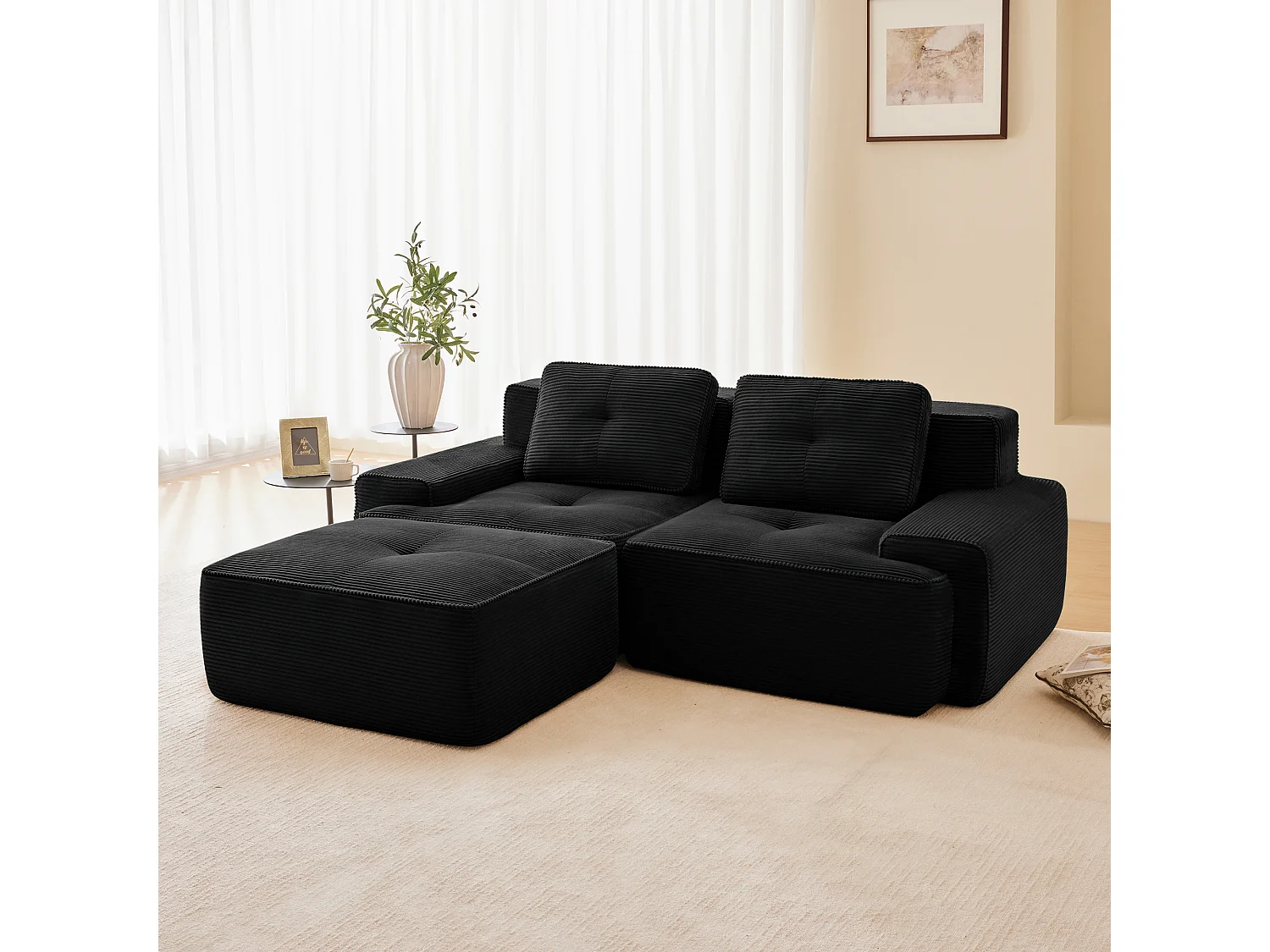 Modulaire Bank 2-zits in Ribfluweel, met poef en 2 kussens, 204x177x69cm, Zwart