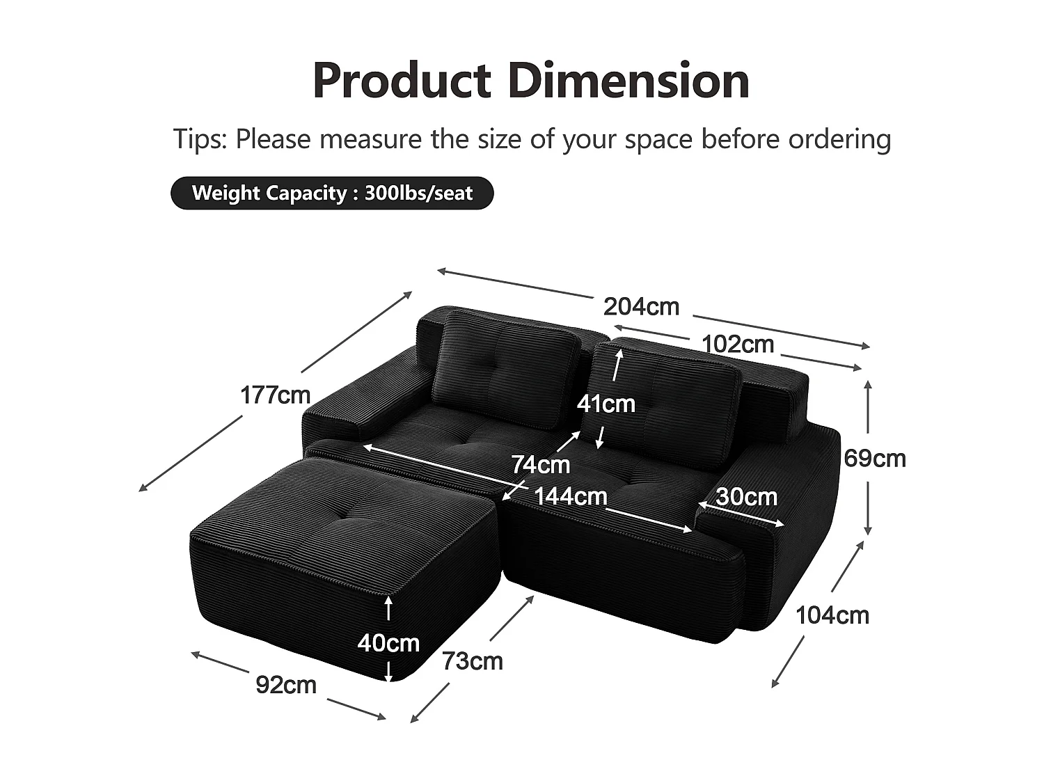 Modulaire Bank 2-zits in Ribfluweel, met poef en 2 kussens, 204x177x69cm, Zwart