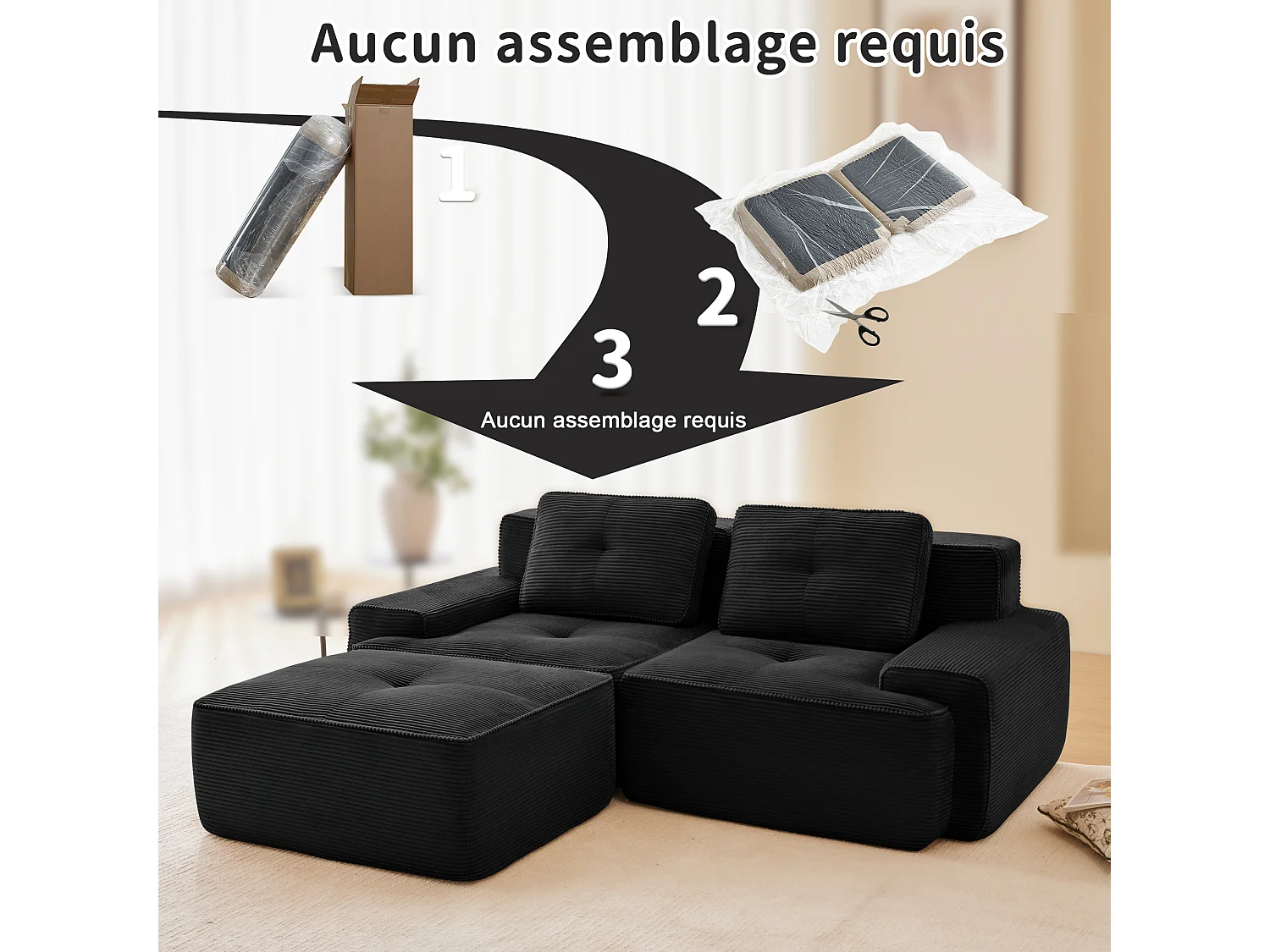 Modulaire Bank 2-zits in Ribfluweel, met poef en 2 kussens, 204x177x69cm, Zwart