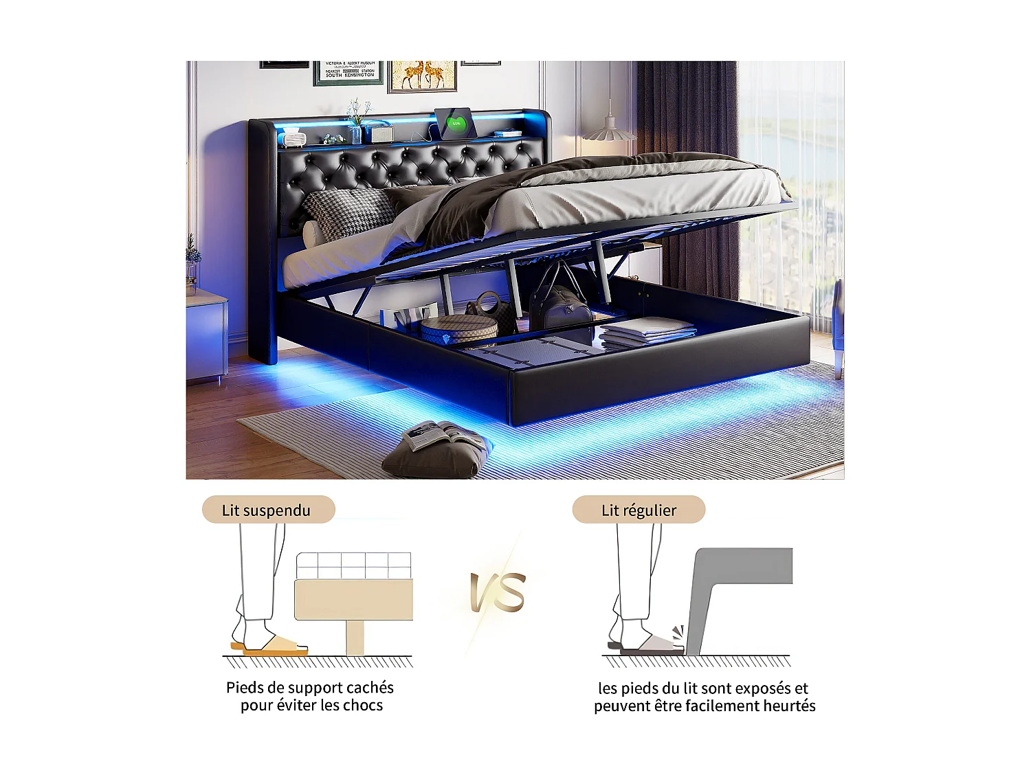 Letto sospeso 160x200 cm con contenitore integrato, testiera a LED, rivestimento in PU nero, prese USB e di corrente, moderno telaio idraulico