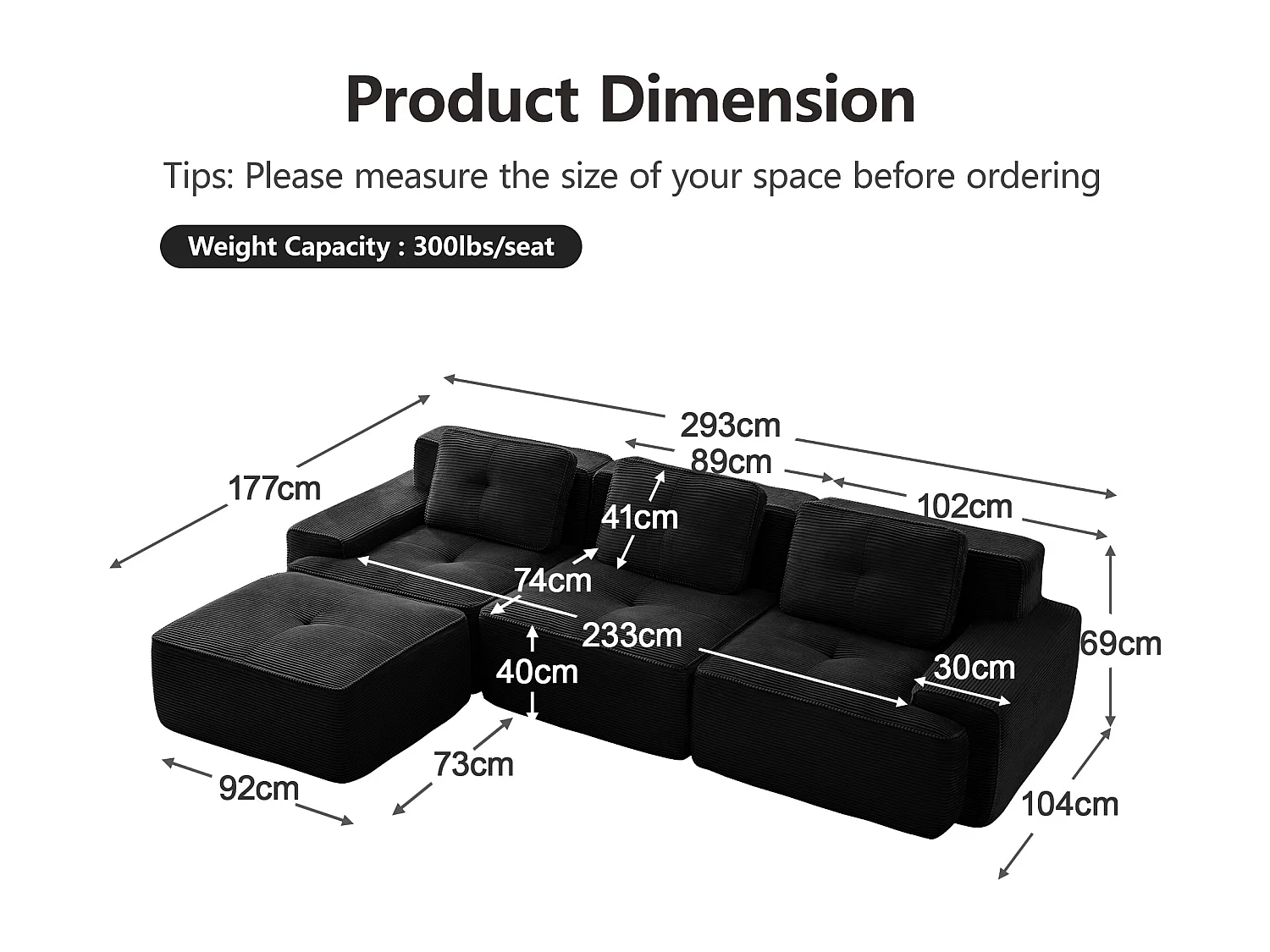 Divano 3 posti Angolare Modulare in Velluto costola, con pouf e 3 cuscini, 293x177x69cm, Nero